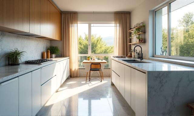 Cocina moderna reluciente, libre de polvo y con superficies brillantes tras limpieza profesional